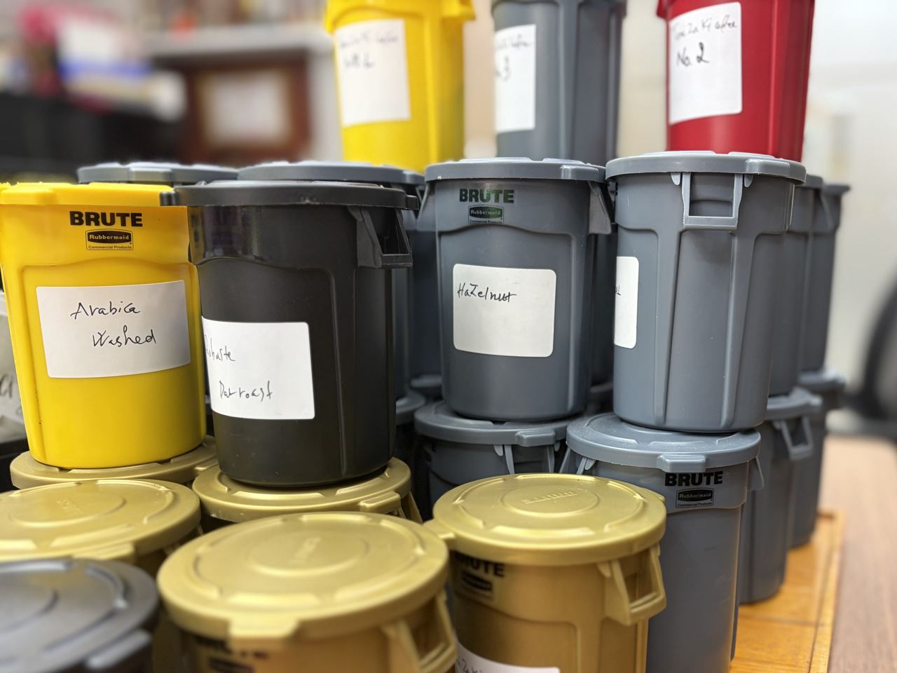 日本市場向け新商品開発のカッピングのため、ラベル付き容器に用意された焙煎豆サンプル（Arabica Washed、Hazelnut、Traditional Richなど）